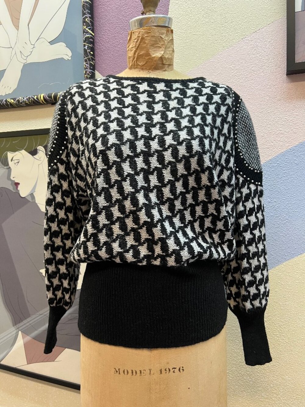 Vintage 80s Angenie Banded Waist Houndstooth Pearl Beaded Sweater Size Medium